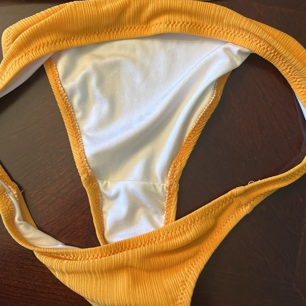 Marigold Yellow Ribbed Triangle Bikini Set Center Ladder Detail Cheeky Small - Picture 3 of 14